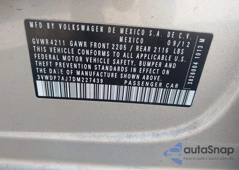 2013 Volkswagen Jetta Se from USA, damaged, VIN 3VWDP7AJ7DM227439